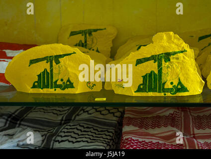 Caps for sale in the Hezbollah souvenirs shop in the tourist landmark of the resistance, South Governorate, Mleeta, Lebanon Stock Photo