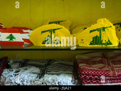 Caps for sale in the Hezbollah souvenirs shop in the tourist landmark of the resistance, South Governorate, Mleeta, Lebanon Stock Photo