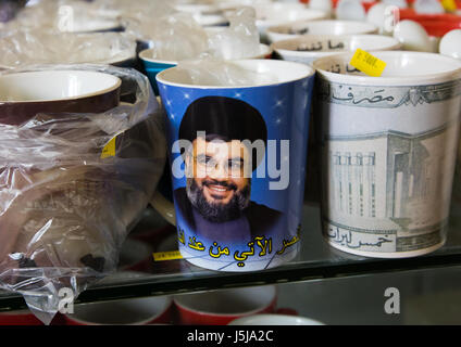 Sheikh Hassan Nasrallah mug in the hezbollah souvenirs shop in the tourist landmark of the resistance, South Governorate, Mleeta, Lebanon Stock Photo