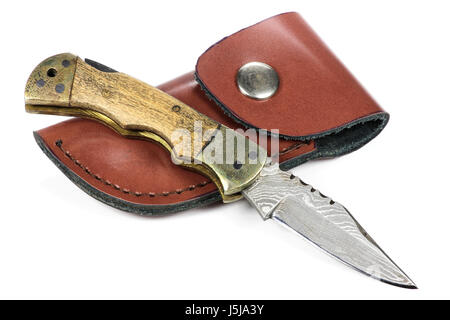 handmade damascus pocket knife isolated on white background Stock Photo