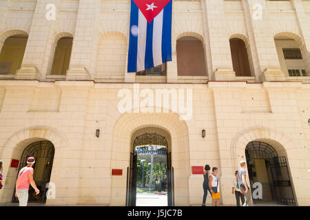Large Cuban flag hangs in the courtyard in Revolution Museum, Havana, Cuba Stock Photo