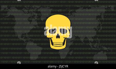 global attack ransomware skull with binary code background and world map Stock Vector