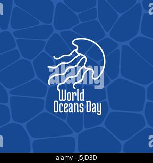 World Oceans Day, June 8. Promoting card with hand drawn doodle, vector line illustration. Jellyfish on a dark blue background Stock Vector