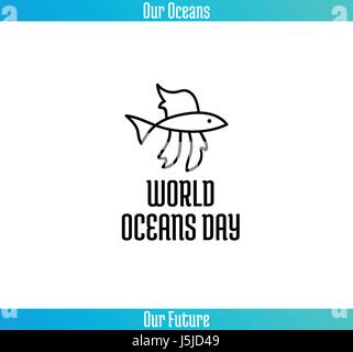 World Oceans Day, June 8. Promoting card with hand drawn doodle, vector line illustration. A small tropical fish on a white background with text Stock Vector