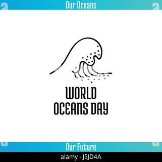 World Oceans Day, June 8. Promoting card with hand drawn doodle, vector line illustration. Sea wave with foam on a white background with text Stock Vector