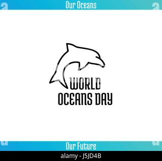 World Oceans Day, June 8. Promoting card with hand drawn doodle, vector line illustration. Dolphin on white background with text Stock Vector