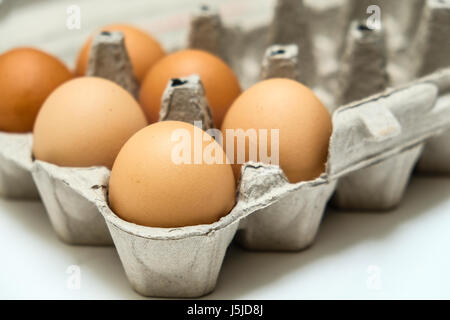 Six large organic brown eggs left in a 18 eggs carton, horizontal image, white background Stock Photo