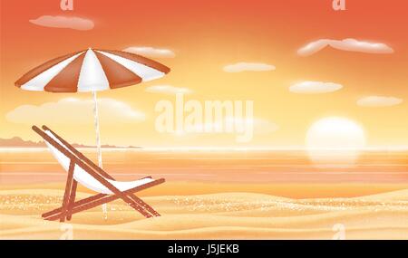 relax beach chair umbrella with sunset sea beach background Stock Vector