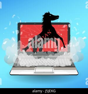 trojan horse virus computer destroy laptop Stock Vector