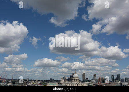 London skyline including St. Paul's Cathedral, seen from the top floor viewing terrace of Tate Modern on the Southbank, on 14th May 2017, in London, England. Stock Photo
