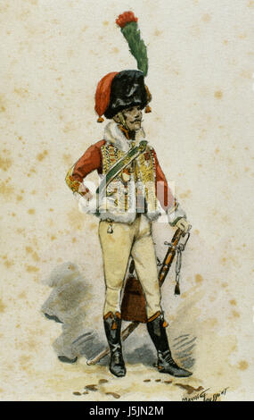 Military uniforms. France. 18th century. First Empire. Officer of the Horse Chasseurs of the Imperial Guard. Color engraving, 19th century. Stock Photo