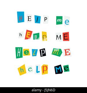 Help me phrases made up from colorful newspaper letters on white Stock Vector