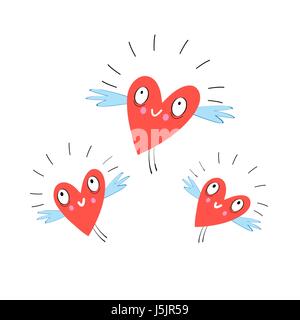 Vector funny flying hearts isolated on white background Stock Vector