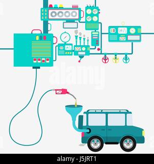 Machinery of factory refining gasoline and refueling a off road car. Car being fueled by a gas pump. Stock Vector