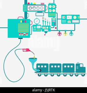 Machinery of factory refining gasoline and refueling a train. Locomotive being fueled by a gas pump. Stock Vector