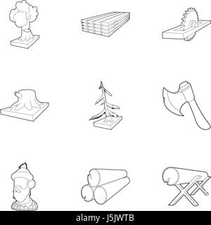Cutting of trees icons set, outline style Stock Vector