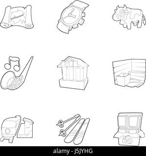 Tourism in Switzerland icons set, outline style Stock Vector