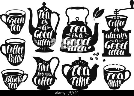 Coffee, tea label set. Design template for menu restaurant or cafe. Lettering vector illustration Stock Vector