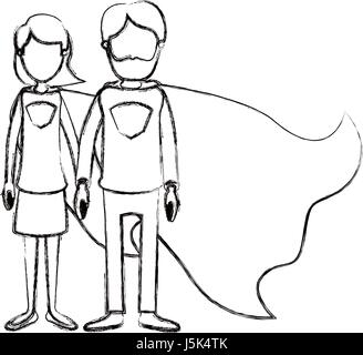 blurred silhouette caricature faceless full body couple parents super hero with heart symbol in uniform Stock Vector