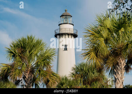 St. Simons Island Lighthouse bathed in late afternoon golden light, St. Simons Island, Georgia Stock Photo