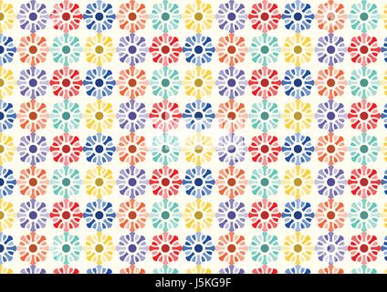 Colorful blossom pattern on light yellow background. Sweet vintage bloom seamless pattern style for design consist of Red, Blue, Yellow, Orange, Green Stock Vector