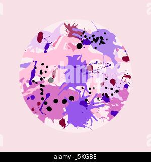 Pink maroon purple lilac artistic ink splashes vector background. Greeting card or invitation template with round frame Stock Vector