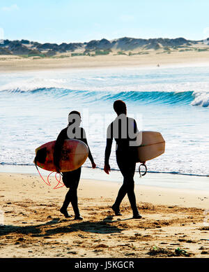 Surfers couple walking on the ocean beach at sunset Stock Photo