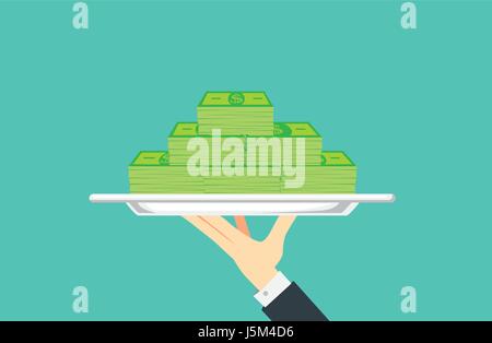 Hand holding silver tray which have many banknote. Stock Vector