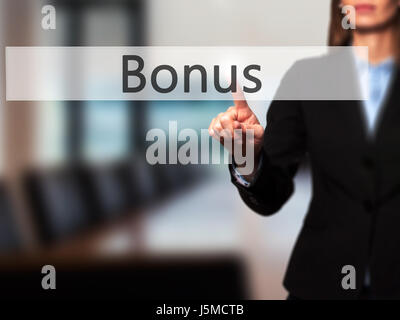Bonus - Young girl working with virtual screen an touching button. Technology, internet concept. Stock Photo Stock Photo