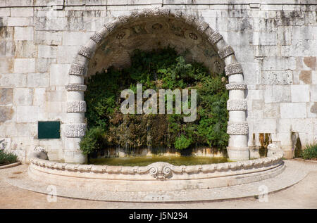 Green fountain in a semicircular niche in the wall of San Pedro de Alcantara Garden. Lisbon. Portugal. Stock Photo