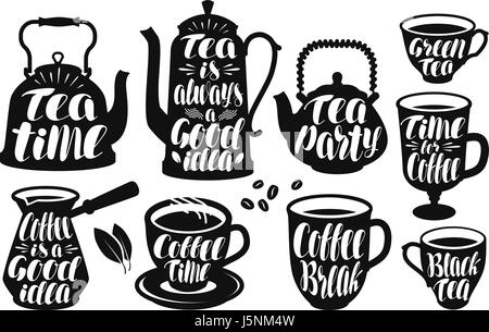 Tea, coffee label set. Vintage kettle, teapot, cup, teacup, hot drink, turk icon or logo. Lettering, calligraphy vector illustration Stock Vector