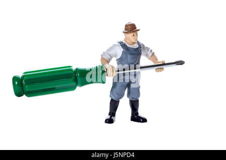 Toy man with screwdriver in hands on a white background Stock Photo