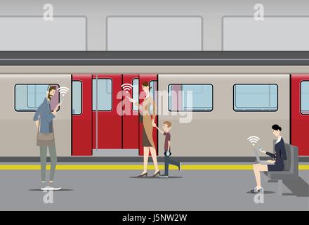 Passengers use their mobile devices on the subway platform. Stock Vector