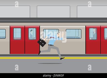 Man running to catch subway train. Stock Vector