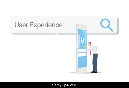 Businessman using smartphone against web search bar on white background. User experience-interface design concept. Stock Vector