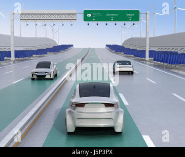 Electric cars driving on the wireless charging lane of the highway.  Solar panel station and wind turbine on the roadside. 3D rendering image. Stock Photo
