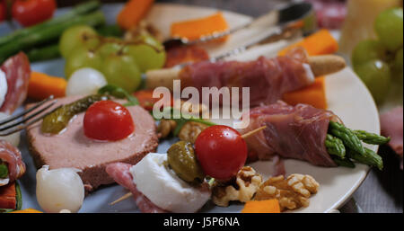 View of a platter of cured meat (charcuterie), ham, salami, pate and cheese Stock Photo