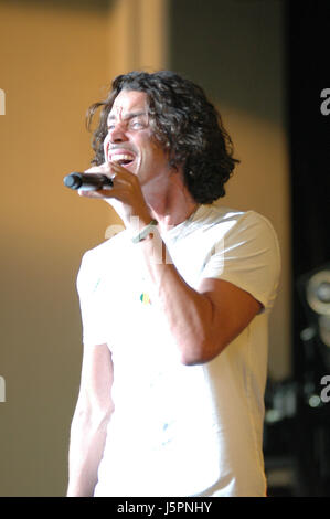 May 18, 2017 - File Photo - Grunge legend and peerless rock vocalist CHRIS CORNELL was found dead in a Detroit hotel room on Wednesday night, shortly after Soundgarden performed a concert at the city's Fox Theatre. The cause of death was ruled death as suicide by hanging. Pictured: Jul 25, 2008 - Raleigh, North Carolina, USA - Musician CHRIS CORNELL performing during the Projekt Revolution Tour at the Time Warner Cable Music Pavillion (Credit Image: Tina Fultz via ZUMA Wire) Stock Photo