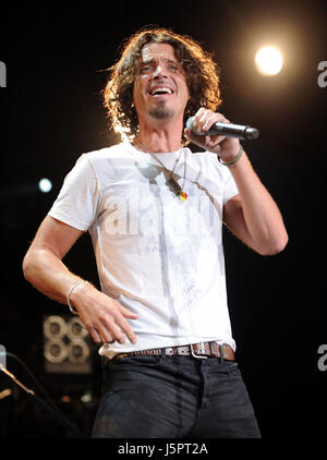 File Photo. 18th May, 2017. Grunge legend and peerless rock vocalist CHRIS CORNELL was found dead in a Detroit hotel room on Wednesday night, shortly after Soundgarden performed a concert at the city's Fox Theatre. The cause of death was ruled death as suicide by hanging. Pictured: Jul 25, 2008 - Raleigh, North Carolina, USA - Singer CHRIS CORNELL performs live as the 2008 Projekt Revolution Tour makes a stop at the Time Warner Cable Music Pavilion located in North Carolina. (Credit Image: ZUMApress.com) Stock Photo
