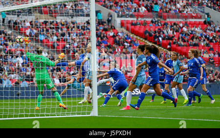 Lucy Bronze of Manchester City scores the opening goal during the SSE Women’s FA Cup Final match between Birmingham City and Manchester City at Wembley Stadium in London. 13 May 2017 EDITORIAL USE ONLY No merchandising. For Football images FA and Premier League restrictions apply inc. no internet/mobile usage without FAPL license - for details contact Football Dataco Stock Photo