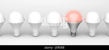 One unique glowing light bulb among others on white background Stock Photo