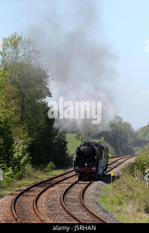 Restored Merchant Navy class steam locomotive 35018 British India Line on a light test run passing Starricks farm near Borwick, Lancashire, England. Stock Photo