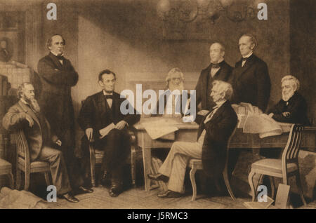 U.S. President Abraham Lincoln and First Reading of the Emancipation Proclamation of 1863, Washington DC, USA, Illustration Stock Photo