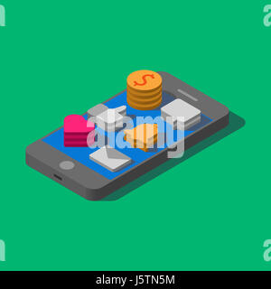 Cell phone. Flat isometric. Mobile device. Grey smartphone. Touchscreen display. Vector illustration.Large icons of likes, hearts, notifications, mess Stock Photo