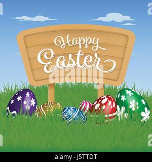 Happy Easter Background. Painting Eggs Hidden on Grass and Happy Easter Typographic on Wooden Sign Board. Vector illustration Stock Vector