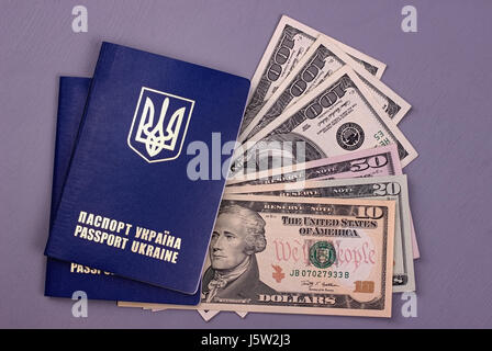 International Ukrainian passport with US dollars isolated on gray background Stock Photo