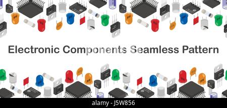 Seamless gorisontal pattern background of Isometric Electronic components. Background of different Electronic components in isometruc style. Stock Vector