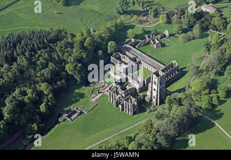 Aerial view taken from over 1500' of Fountains Abbey, near Ripon, one of the largest and best preserved ruined Cistercian monasteries in England. Stock Photo