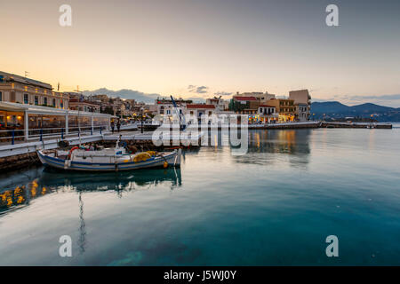 Evening view of Agios Nikolaos and its harbor, Crete, Greece. Stock Photo