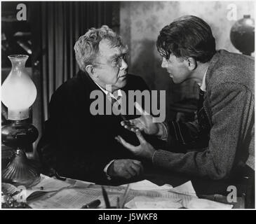 Thomas Mitchell, James Stewart, on-set of the Film, “It's a Wonderful Life”, 1946 Stock Photo